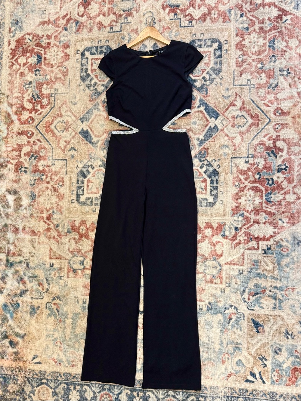 Lulu's Black Cutout Jumpsuit with Rhinestone Waist Trim